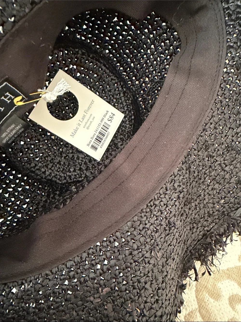 NWT WYETH Black Raffia Straw Sun Hat with Frayed Brim packable